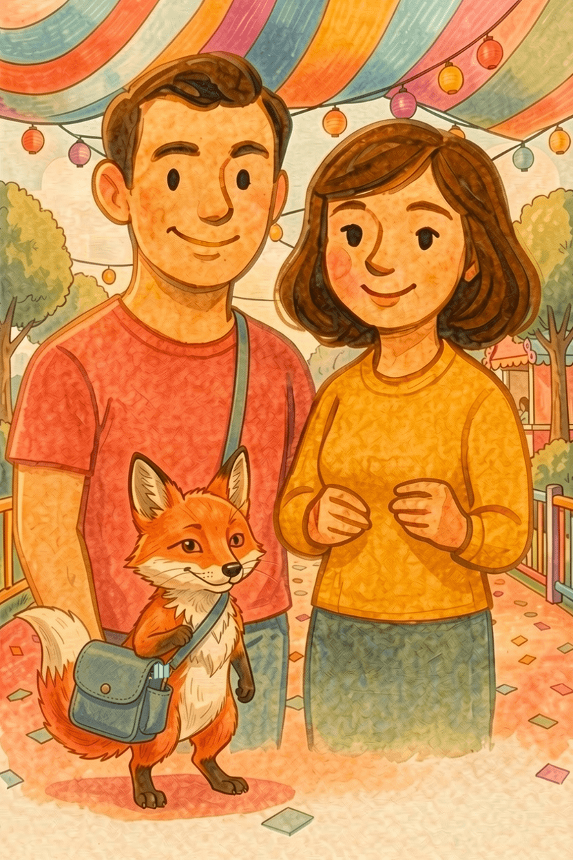 HeyDart founders with Dart the fox in a colorful, invented park promenade