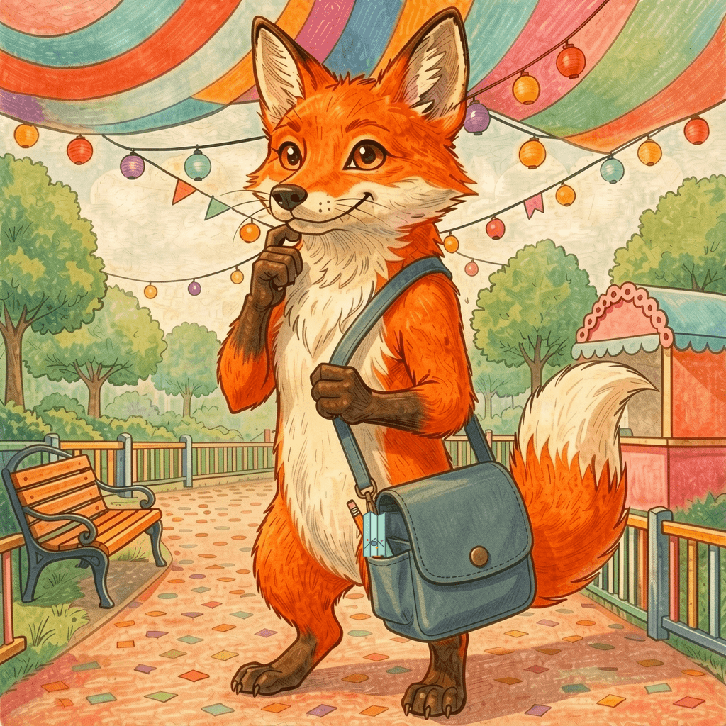 Dart the fox thinking through a family's plans in a colorful park promenade