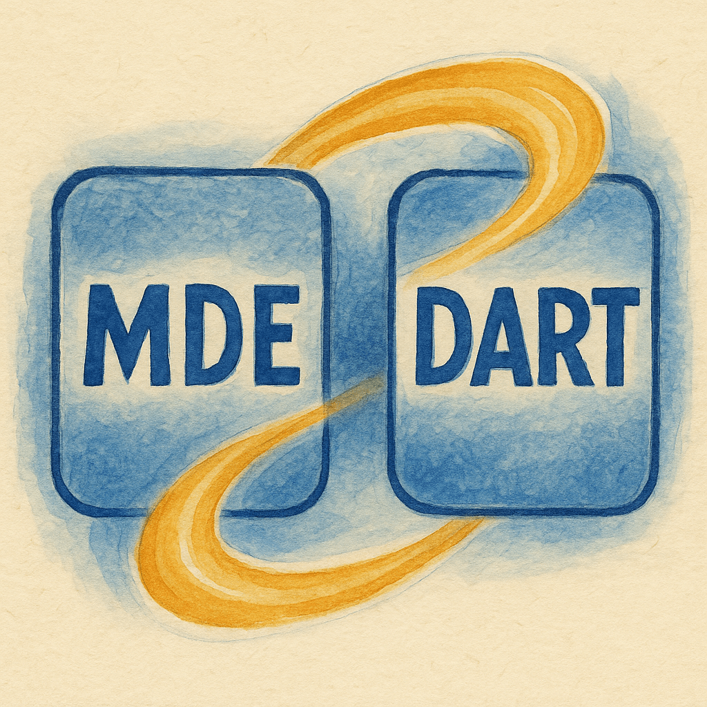 Stylized illustration of MDE and Dart connected by a ribbon of light