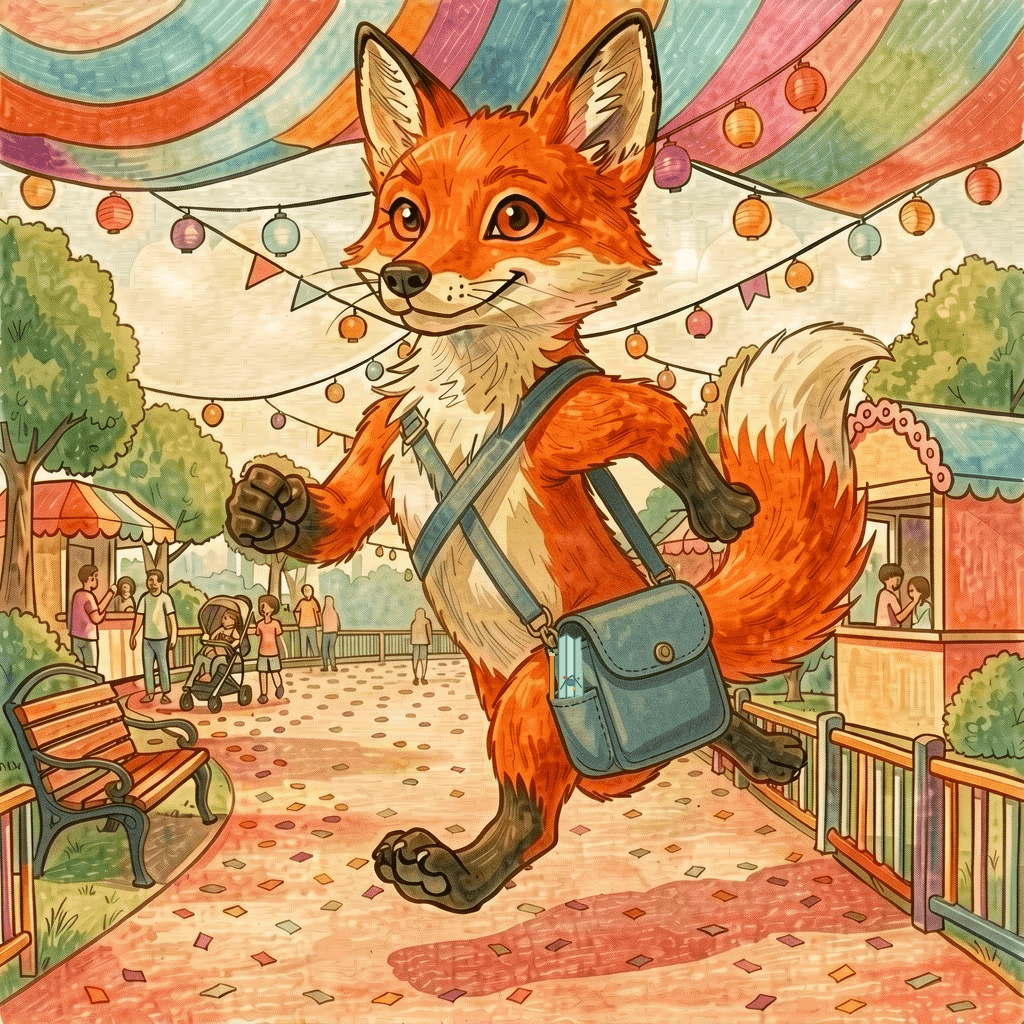 Dart the fox moving through a colorful park promenade as live conditions change