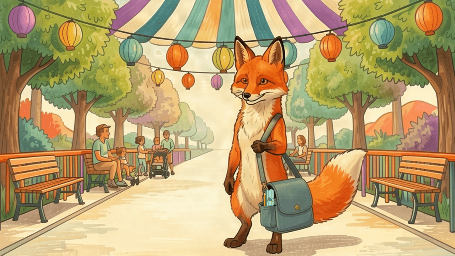 Dart the fox in a colorful, invented park promenade beneath striped canopies and lanterns