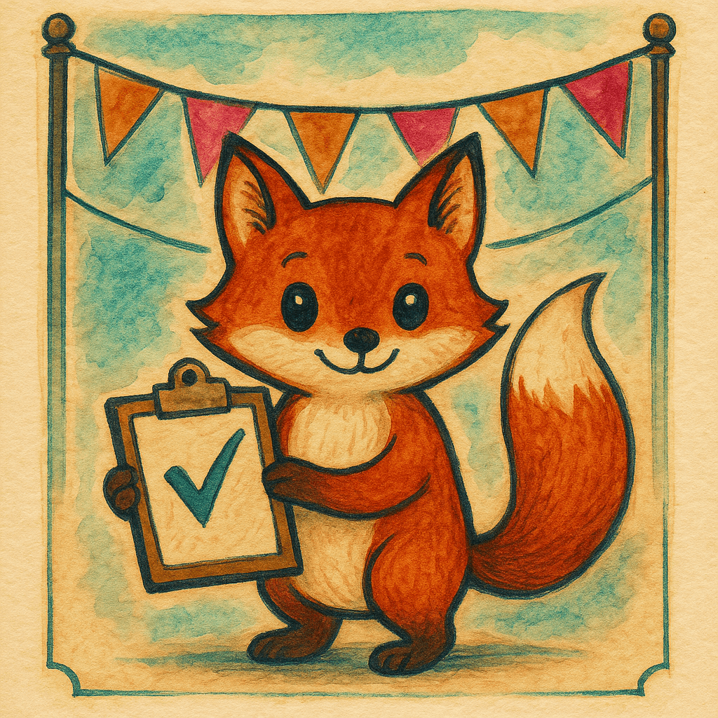 Fox holding a clipboard with checkmark, standing before bunting flags