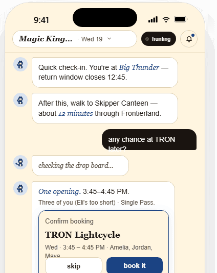 Dart mobile chat — pre-trip planning conversation