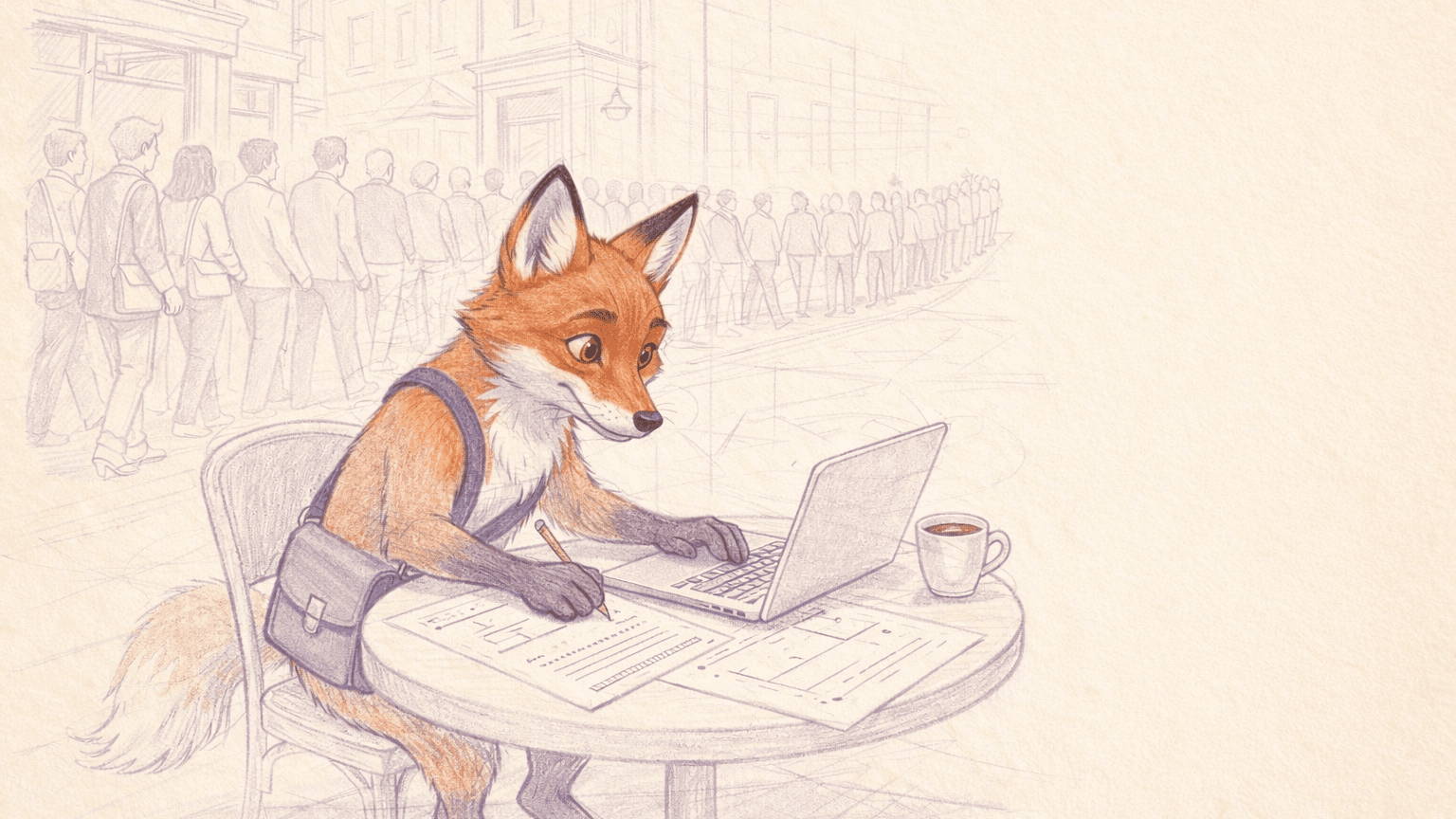Dart studies dining availability on a laptop at a café table while a sketched line of people wraps around the block behind him.