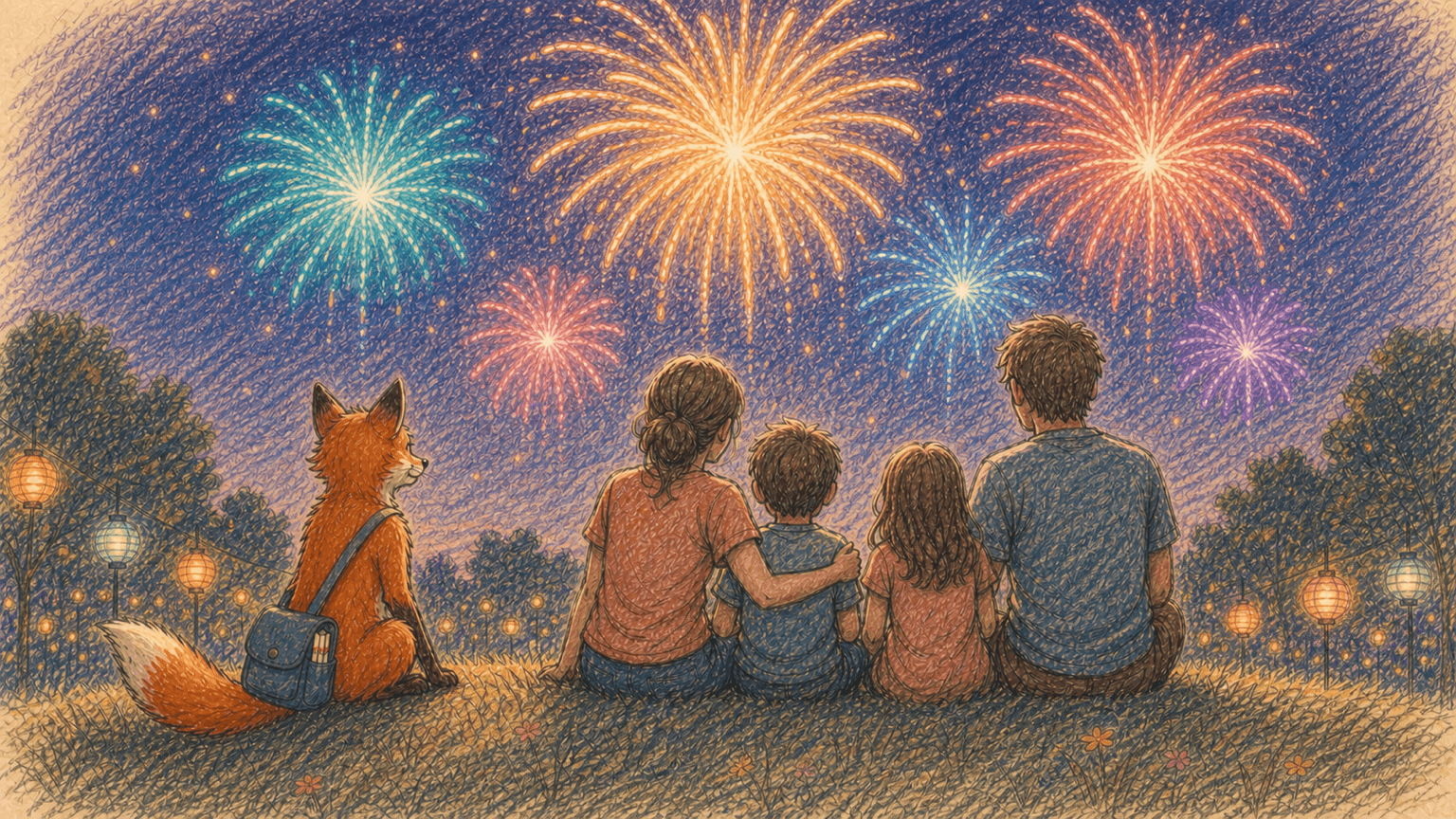 Illustration of a family of four and Dart, seen from behind, sitting together and watching colorful fireworks over a generic park landscape.