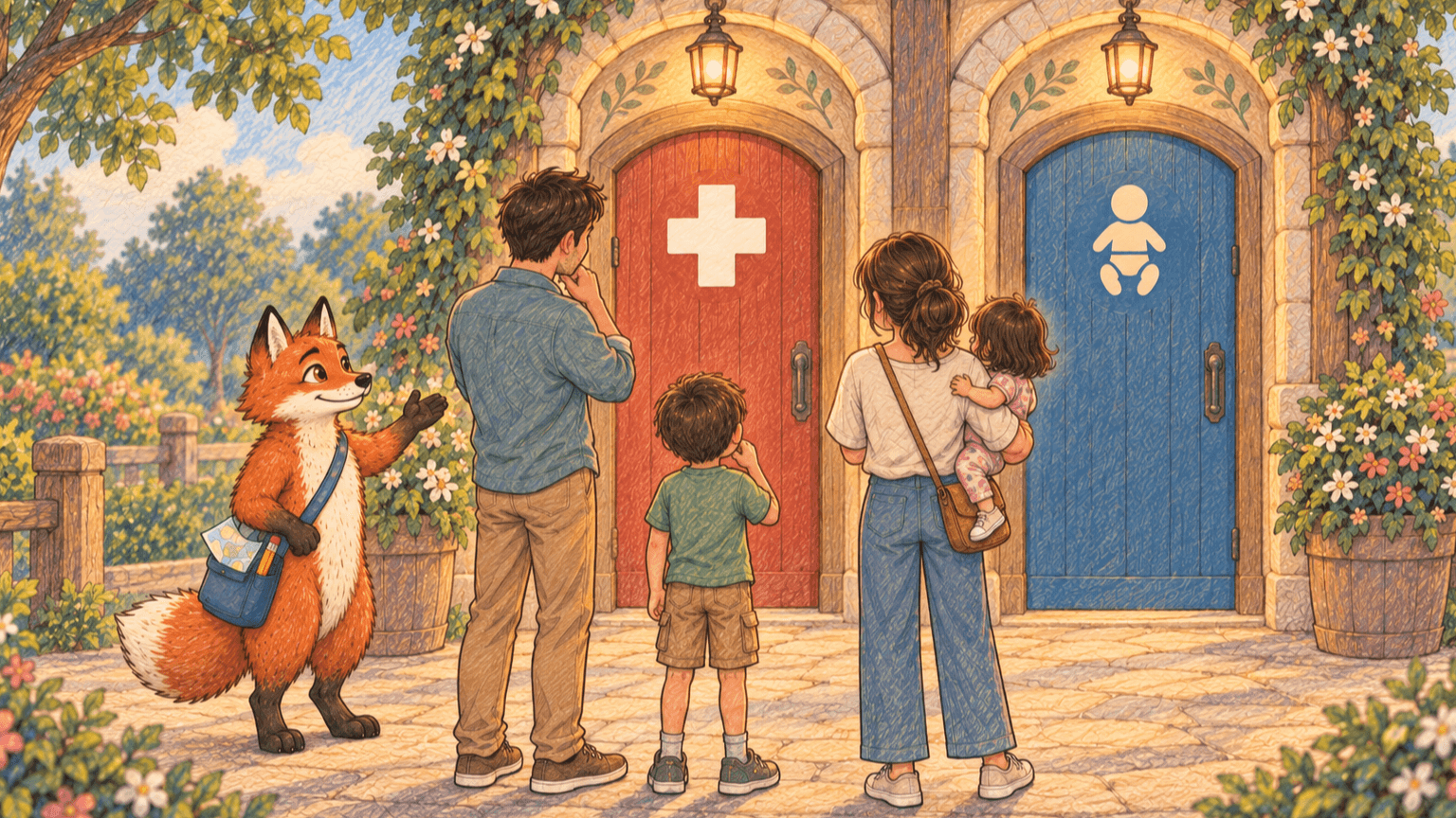 A family choosing between First Aid and Baby Care doors with Dart helping nearby