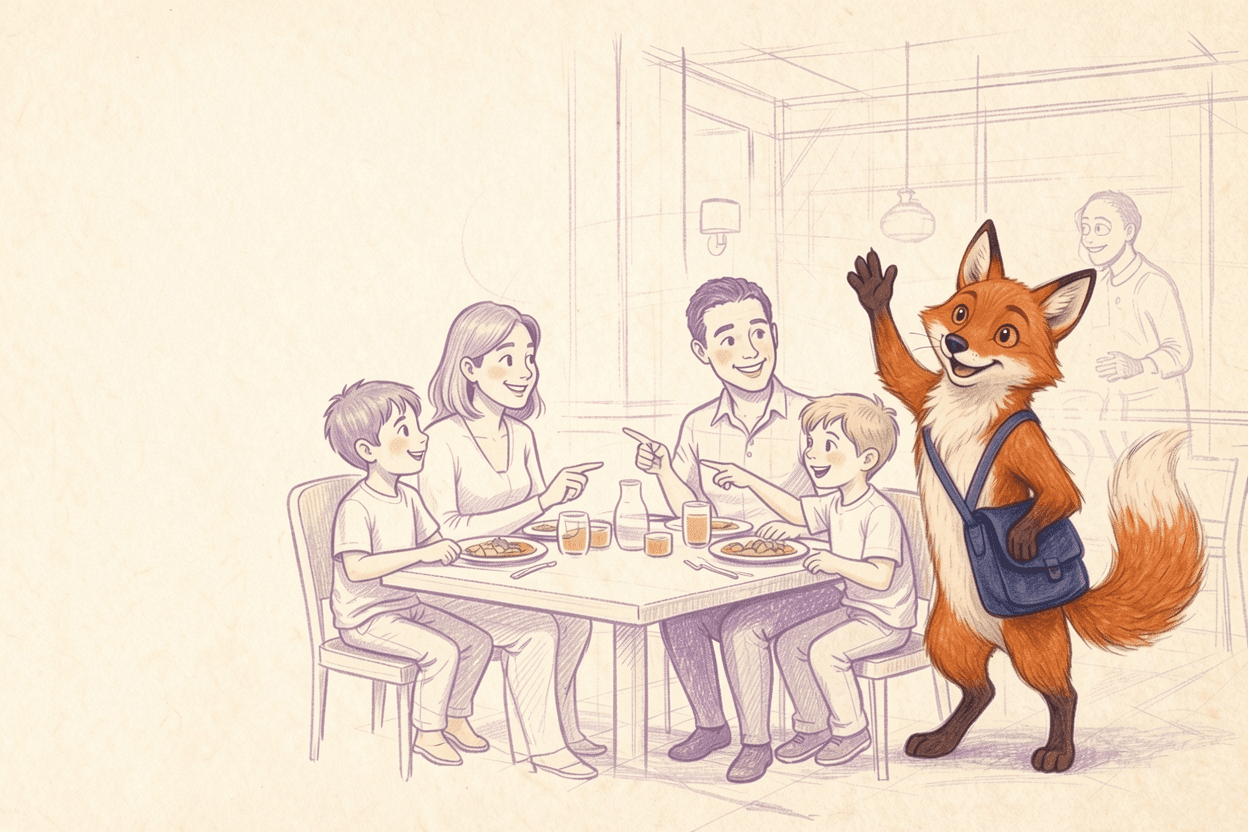 A mother, father, and two boys smile toward Dart, HeyDart’s orange fox guide, as he waves beside their restaurant table.