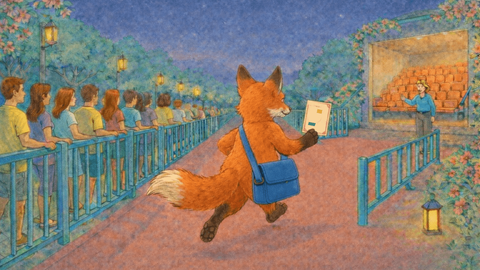 Dart runs toward reserved amphitheater seating with a ticket in hand while families wait in the general line beside him.