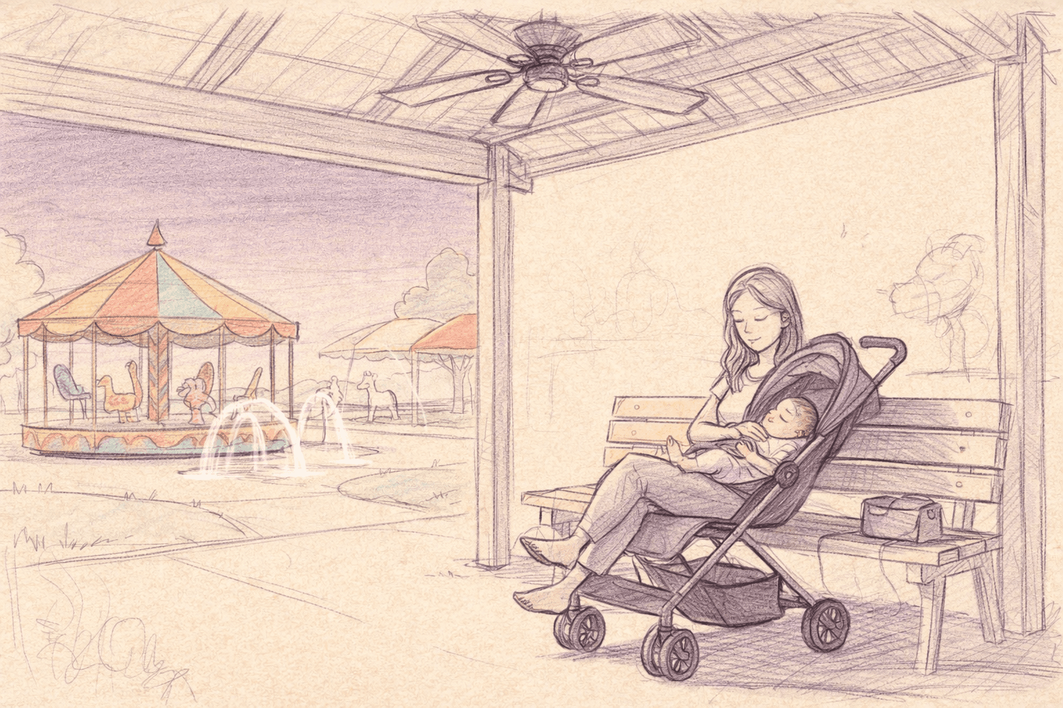 A mother sits beside her sleeping baby in a stroller under a covered theme-park pavilion with a ceiling fan while the rest of the family walks nearby.